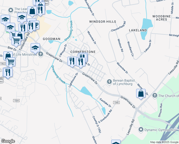 map of restaurants, bars, coffee shops, grocery stores, and more near 112 Colonnade Street in Lynchburg
