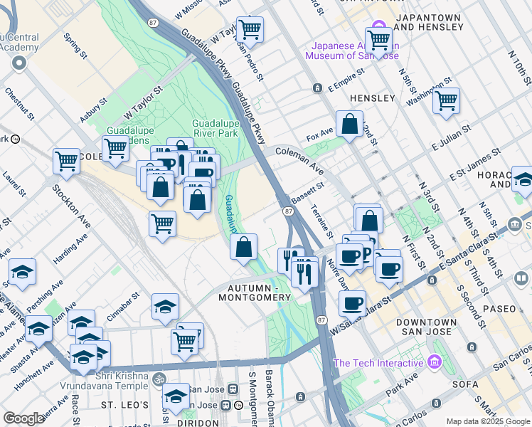 map of restaurants, bars, coffee shops, grocery stores, and more near 269 Bassett St in San Jose