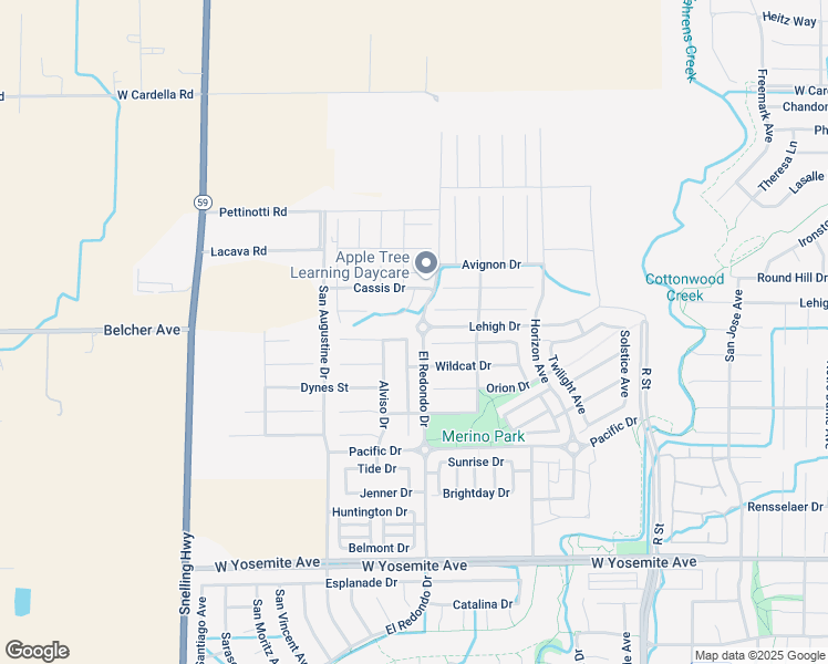 map of restaurants, bars, coffee shops, grocery stores, and more near 1296 Lurs Court in Merced