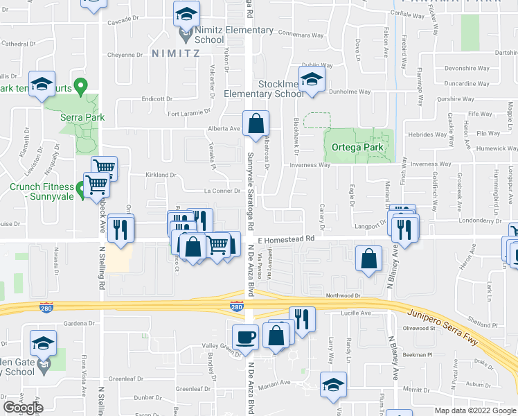 map of restaurants, bars, coffee shops, grocery stores, and more near 150 Kirbyhill Way in Sunnyvale