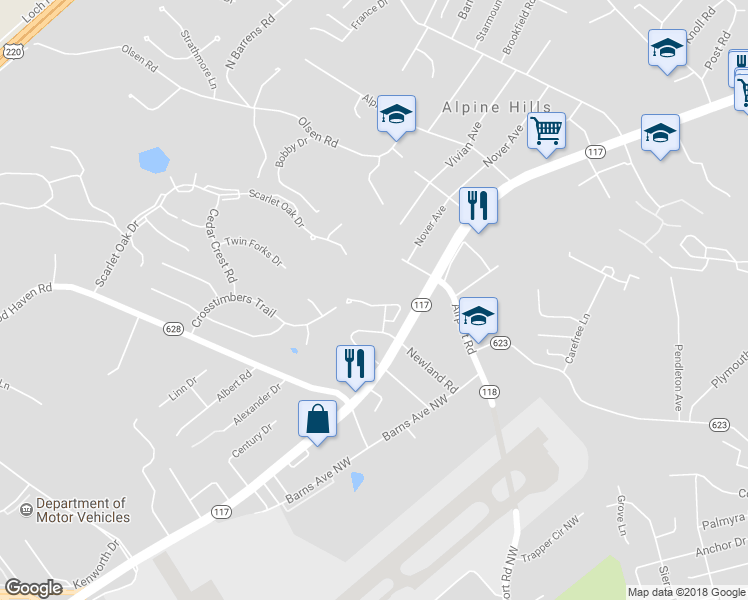 map of restaurants, bars, coffee shops, grocery stores, and more near 6821 Woodcreeper Drive in Roanoke