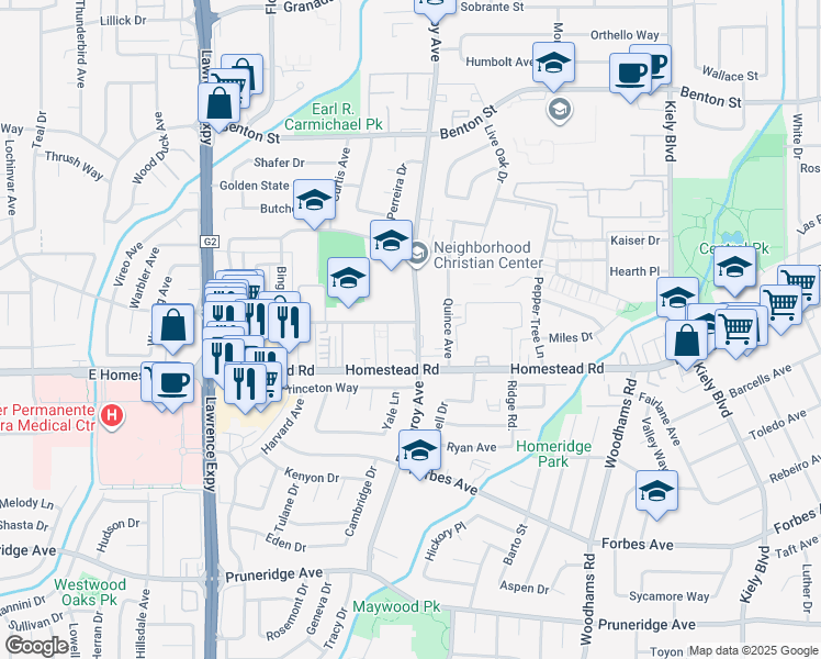 map of restaurants, bars, coffee shops, grocery stores, and more near 836 Pomeroy Avenue in Santa Clara