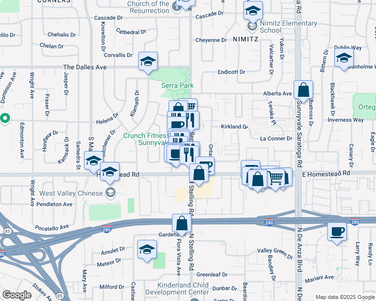 map of restaurants, bars, coffee shops, grocery stores, and more near 1654 Hollenbeck Avenue in Sunnyvale
