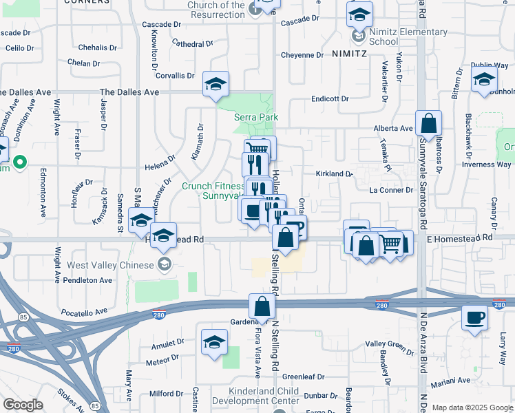map of restaurants, bars, coffee shops, grocery stores, and more near 1655 New Brunswick Avenue in Sunnyvale