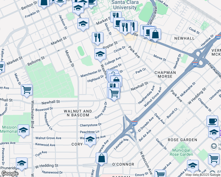 map of restaurants, bars, coffee shops, grocery stores, and more near 48 Washington Street in Santa Clara