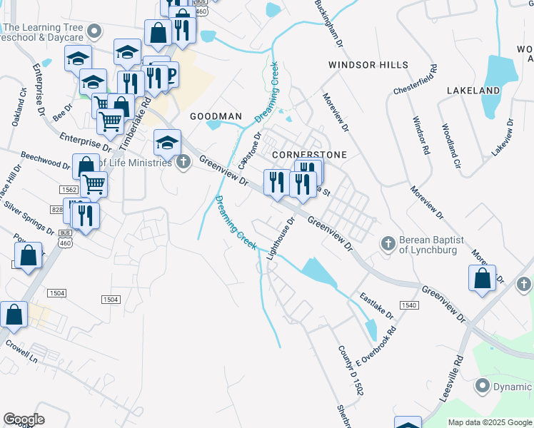 map of restaurants, bars, coffee shops, grocery stores, and more near 24 Blackberry Court in Lynchburg