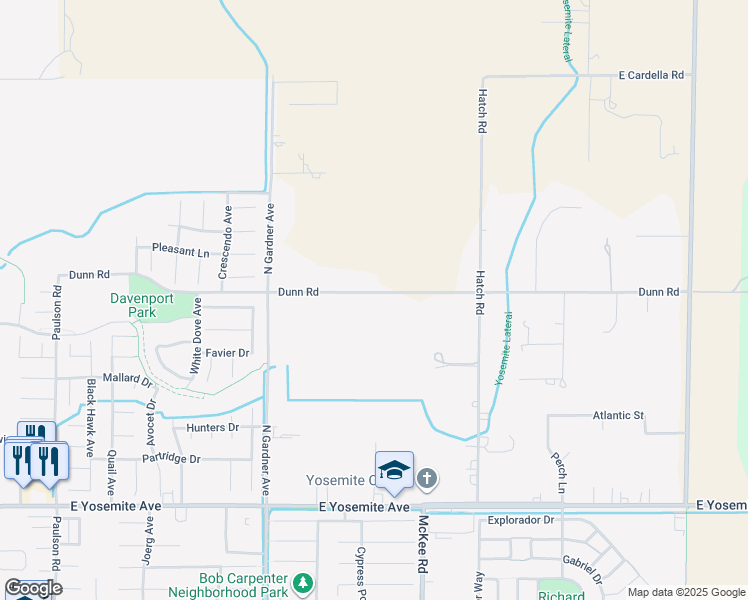 map of restaurants, bars, coffee shops, grocery stores, and more near 2031 Dunn Road in Merced