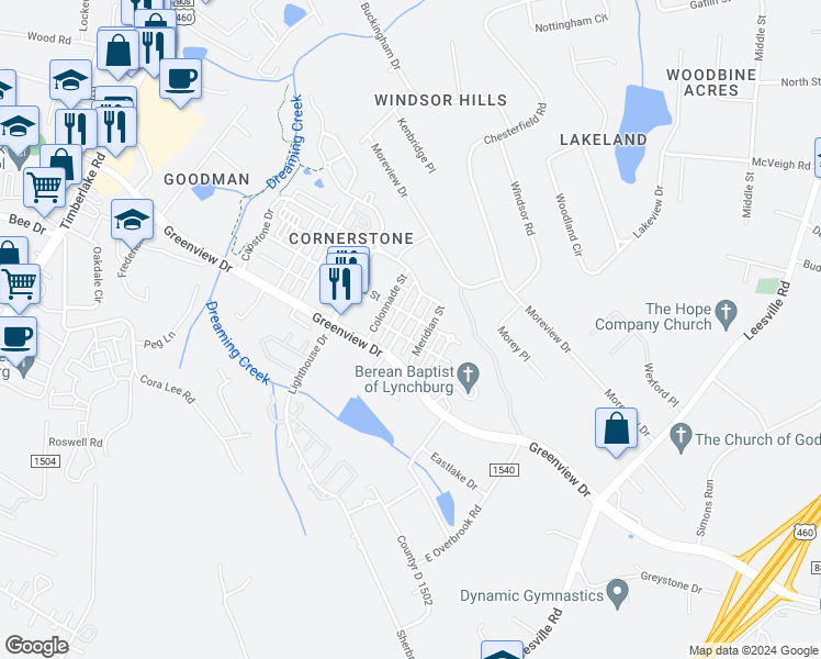 map of restaurants, bars, coffee shops, grocery stores, and more near 609 Capstone Drive in Lynchburg