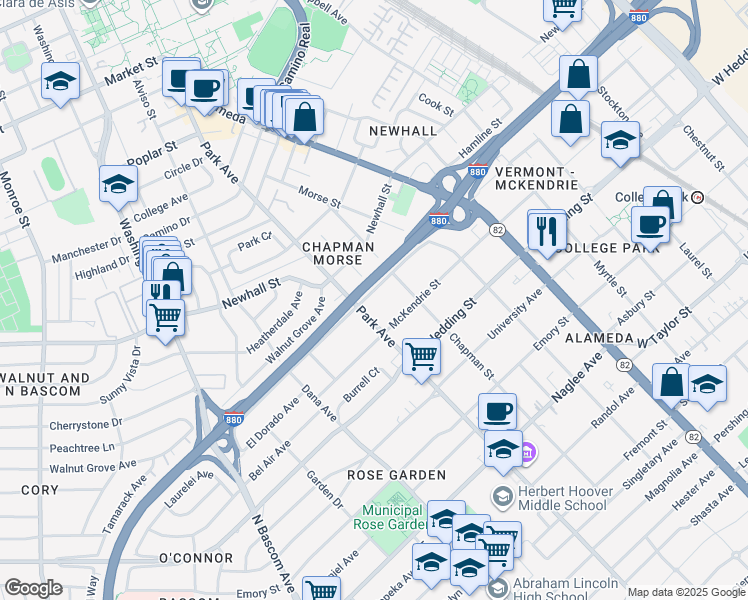 map of restaurants, bars, coffee shops, grocery stores, and more near 1372 Davis Street in San Jose