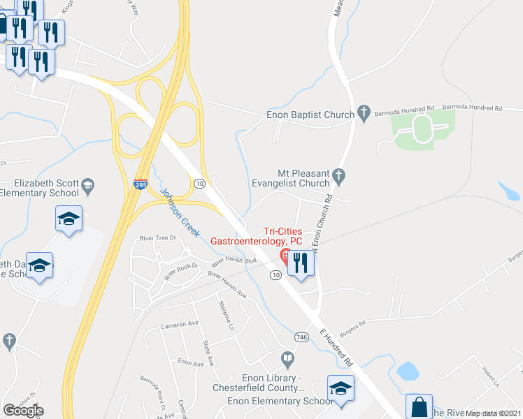 map of restaurants, bars, coffee shops, grocery stores, and more near 1520 Irvenway Lane in Chester