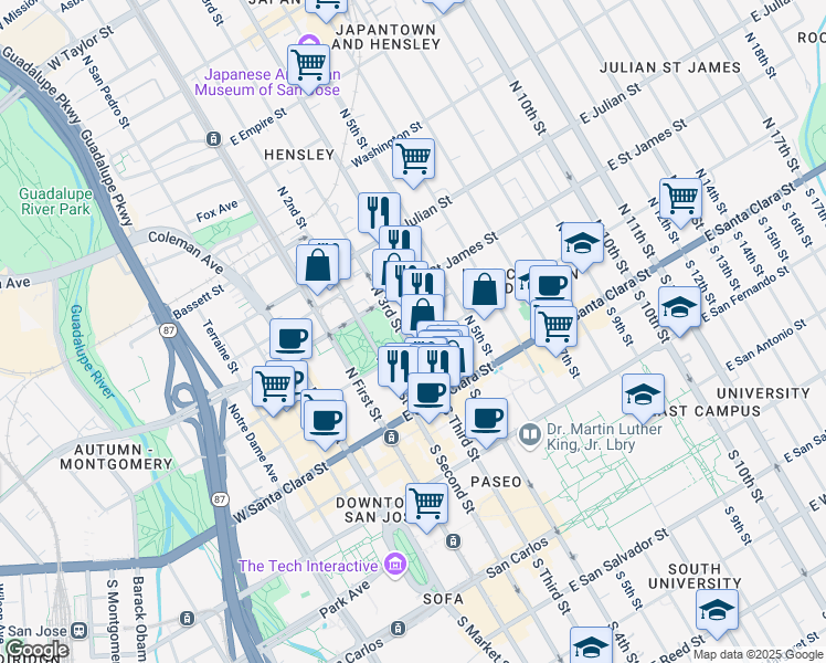 map of restaurants, bars, coffee shops, grocery stores, and more near 196 North 3rd Street in San Jose