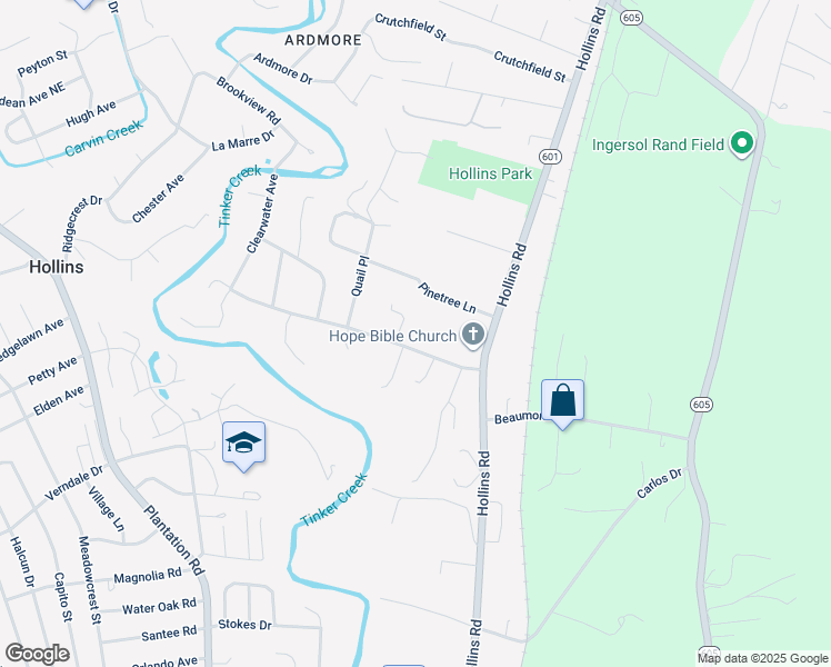 map of restaurants, bars, coffee shops, grocery stores, and more near 6519 Trevilian Road in Roanoke