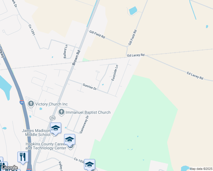 map of restaurants, bars, coffee shops, grocery stores, and more near 1001-1097 Eastside Lane in Madisonville