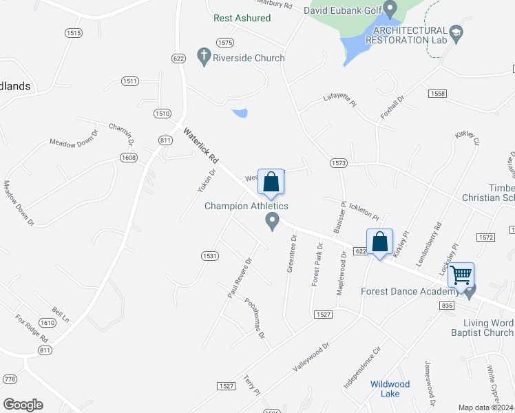 map of restaurants, bars, coffee shops, grocery stores, and more near 5216 Waterlick Road in Forest