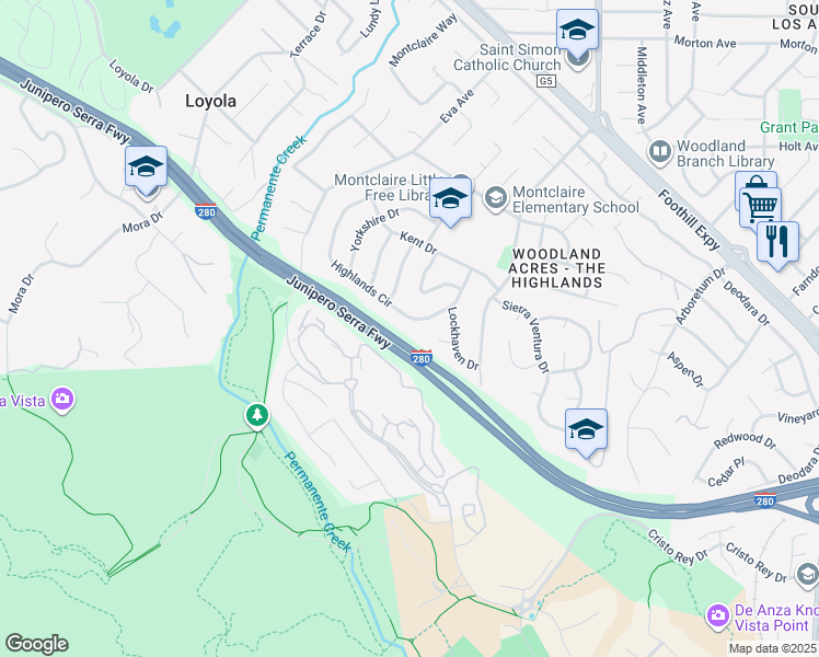 map of restaurants, bars, coffee shops, grocery stores, and more near 881 Highlands Circle in Los Altos