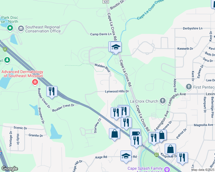 map of restaurants, bars, coffee shops, grocery stores, and more near 1921 Rock Creek in Cape Girardeau
