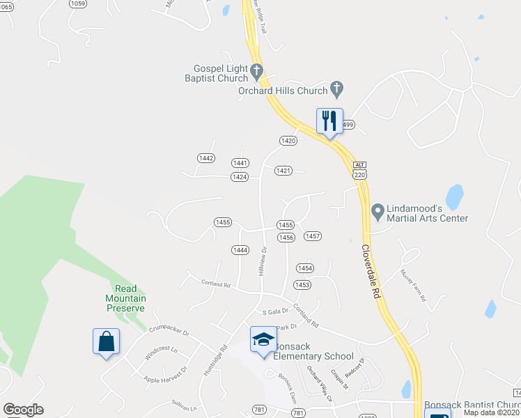 map of restaurants, bars, coffee shops, grocery stores, and more near 346 Hillview Drive in Roanoke