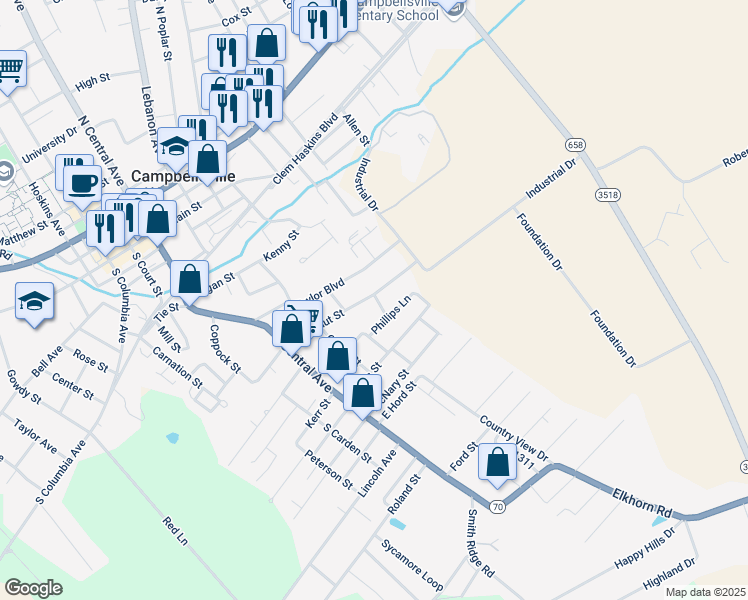 map of restaurants, bars, coffee shops, grocery stores, and more near 214 East Walnut Street in Campbellsville