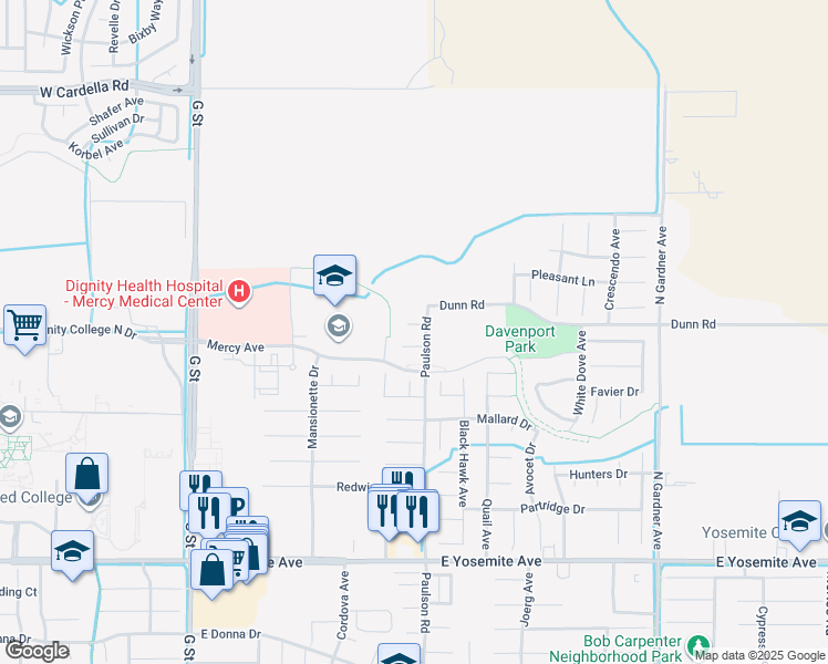map of restaurants, bars, coffee shops, grocery stores, and more near 786 Grouse Court in Merced