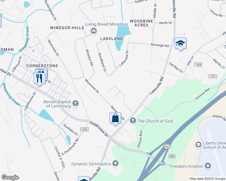 map of restaurants, bars, coffee shops, grocery stores, and more near 303 Barrington Way in Lynchburg