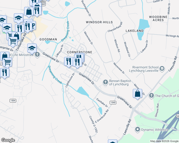 map of restaurants, bars, coffee shops, grocery stores, and more near 614 Capstone Drive in Lynchburg