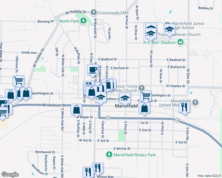 map of restaurants, bars, coffee shops, grocery stores, and more near 269 East Jefferson Street in Marshfield