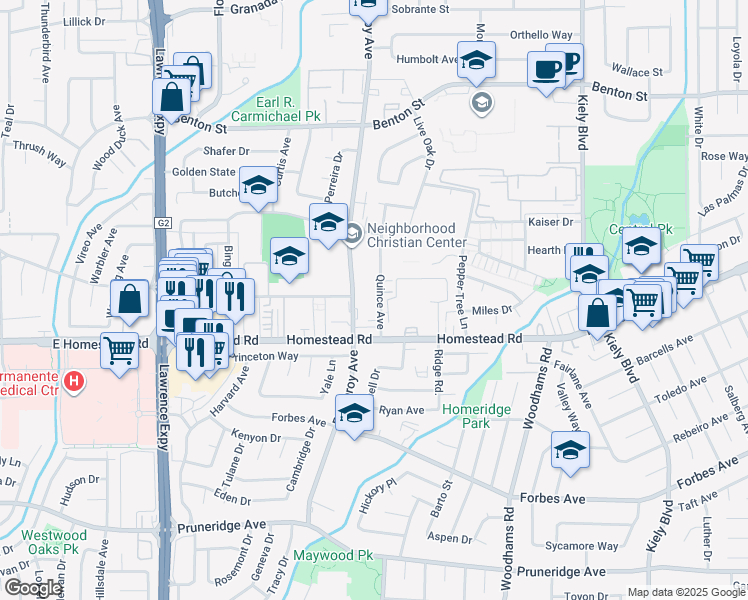map of restaurants, bars, coffee shops, grocery stores, and more near 834 Quince Avenue in Santa Clara