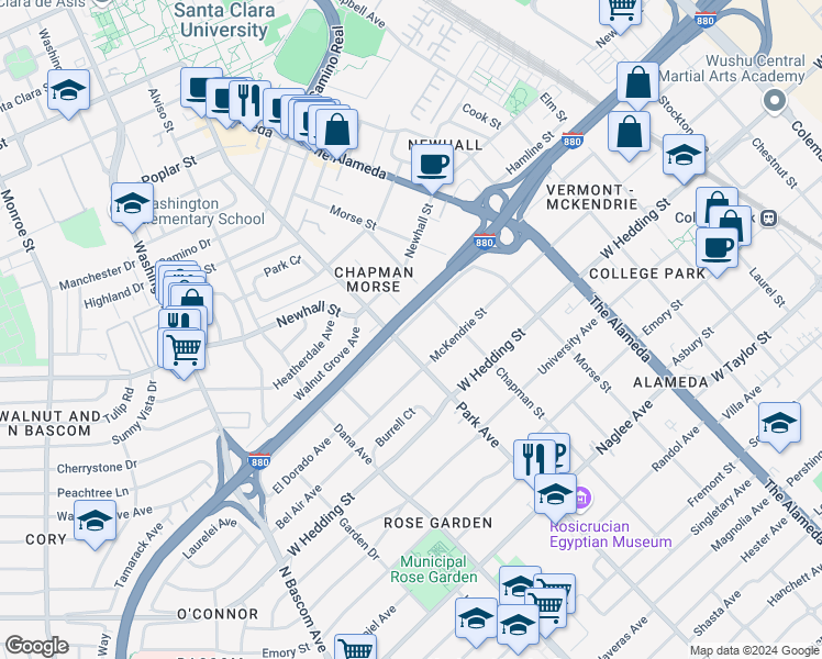 map of restaurants, bars, coffee shops, grocery stores, and more near 1372 Davis Street in San Jose