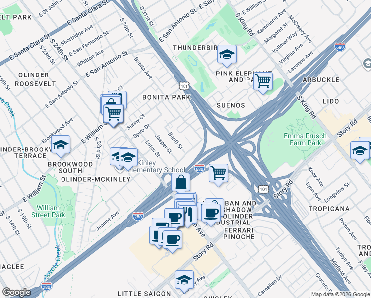 map of restaurants, bars, coffee shops, grocery stores, and more near 789 Remo Street in San Jose