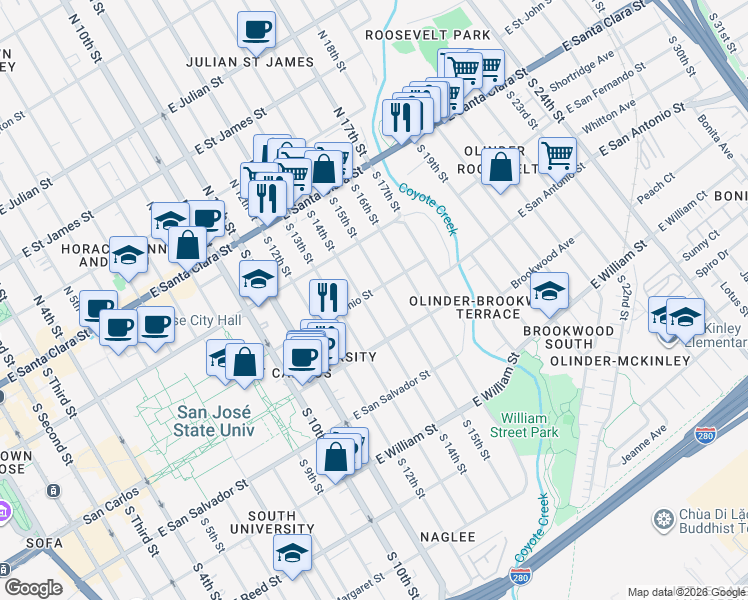 map of restaurants, bars, coffee shops, grocery stores, and more near 210 South 15th Street in San Jose