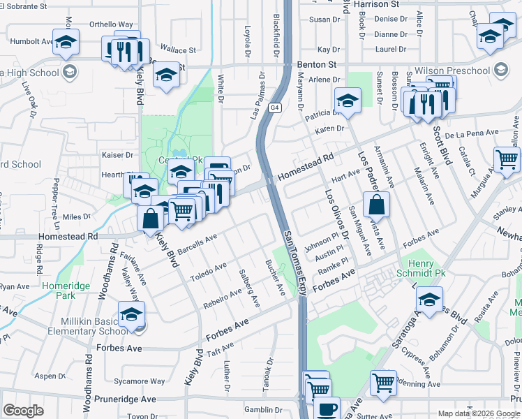 map of restaurants, bars, coffee shops, grocery stores, and more near 751 Asbury Place in Santa Clara