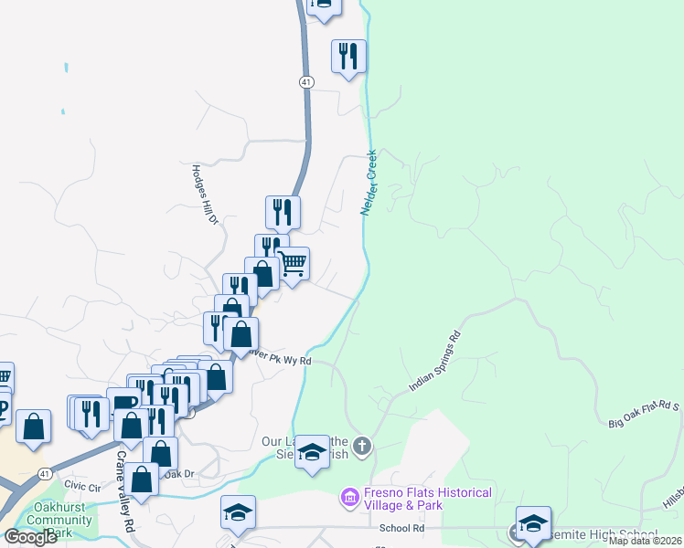 map of restaurants, bars, coffee shops, grocery stores, and more near 40669 Country Lane in Oakhurst
