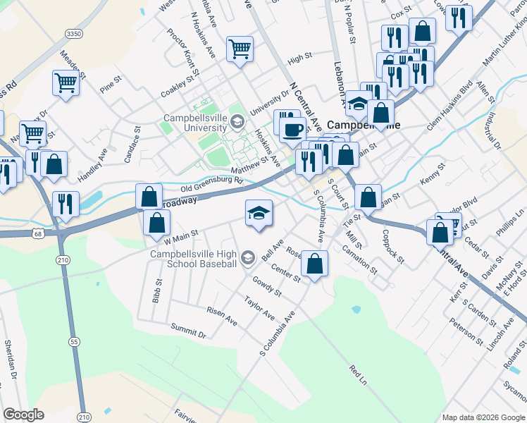 map of restaurants, bars, coffee shops, grocery stores, and more near 230 West Main Street in Campbellsville