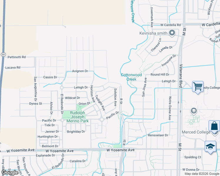 map of restaurants, bars, coffee shops, grocery stores, and more near 1120 Evening Star Drive in Merced