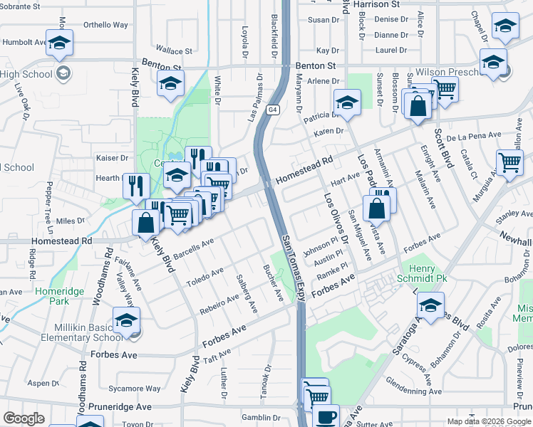 map of restaurants, bars, coffee shops, grocery stores, and more near 751 Asbury Place in Santa Clara