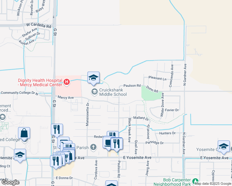 map of restaurants, bars, coffee shops, grocery stores, and more near 786 Grouse Court in Merced