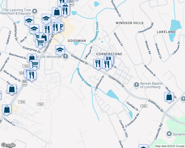 map of restaurants, bars, coffee shops, grocery stores, and more near 198 Mulberry Circle in Lynchburg