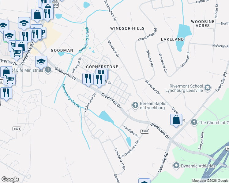 map of restaurants, bars, coffee shops, grocery stores, and more near 614 Capstone Drive in Lynchburg