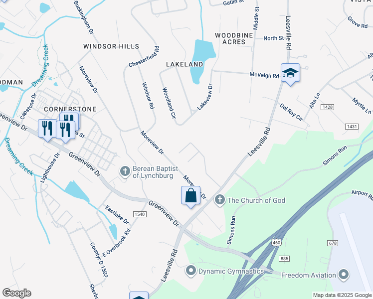 map of restaurants, bars, coffee shops, grocery stores, and more near 303 Barrington Way in Lynchburg