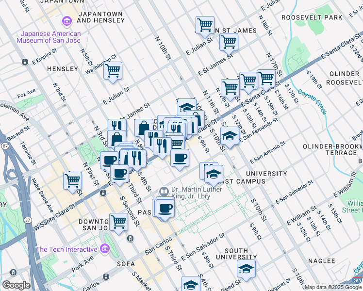 map of restaurants, bars, coffee shops, grocery stores, and more near in San Jose