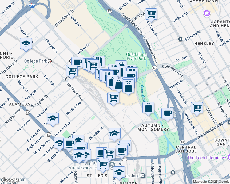 map of restaurants, bars, coffee shops, grocery stores, and more near 579 Coleman Avenue in San Jose