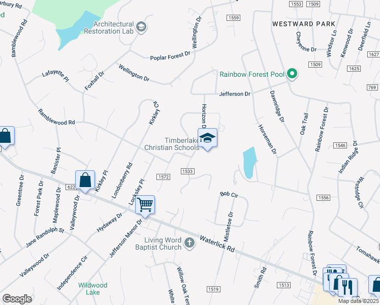 map of restaurants, bars, coffee shops, grocery stores, and more near 17 Timber Ridge Drive in Forest