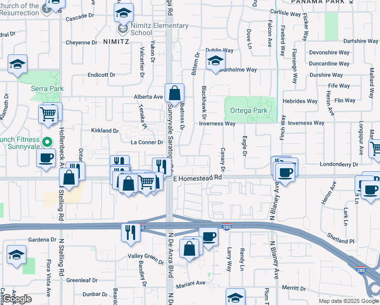 map of restaurants, bars, coffee shops, grocery stores, and more near 150 Kirbyhill Way in Sunnyvale