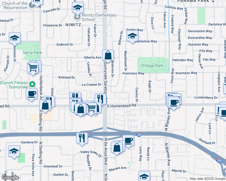 map of restaurants, bars, coffee shops, grocery stores, and more near 150 Kirbyhill Way in Sunnyvale
