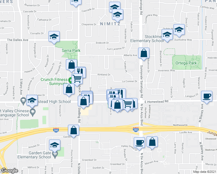 map of restaurants, bars, coffee shops, grocery stores, and more near 1630 Queen Charlotte Drive in Sunnyvale