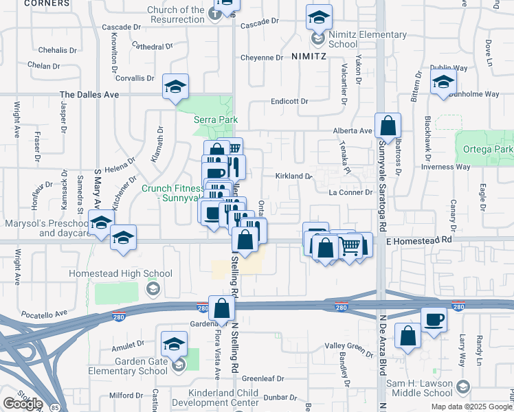 map of restaurants, bars, coffee shops, grocery stores, and more near 1657 Ontario Drive in Sunnyvale