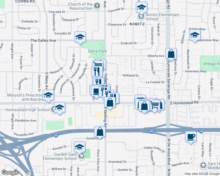 map of restaurants, bars, coffee shops, grocery stores, and more near 1654 Hollenbeck Avenue in Sunnyvale