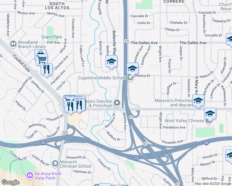 map of restaurants, bars, coffee shops, grocery stores, and more near 1651 Belleville Way in Sunnyvale