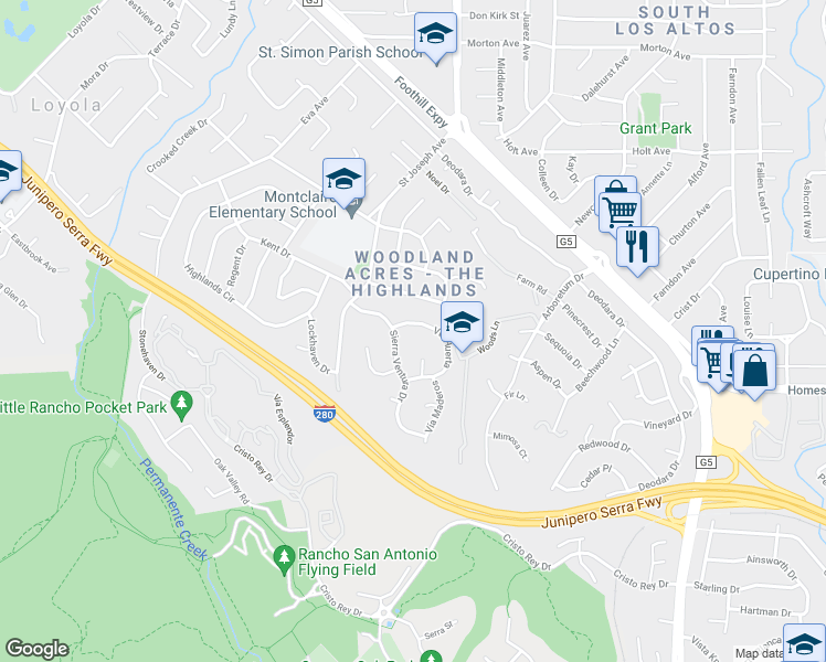 map of restaurants, bars, coffee shops, grocery stores, and more near 1235 Vía Huerta in Los Altos