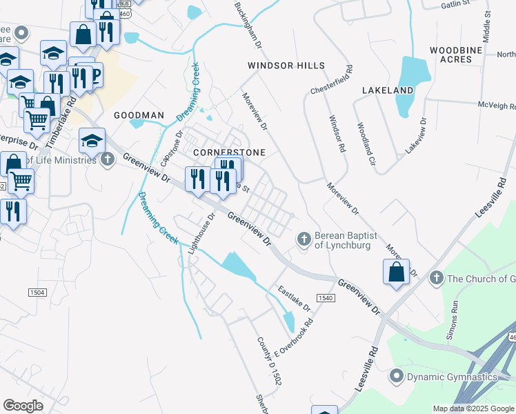 map of restaurants, bars, coffee shops, grocery stores, and more near 602 Capstone Drive in Lynchburg